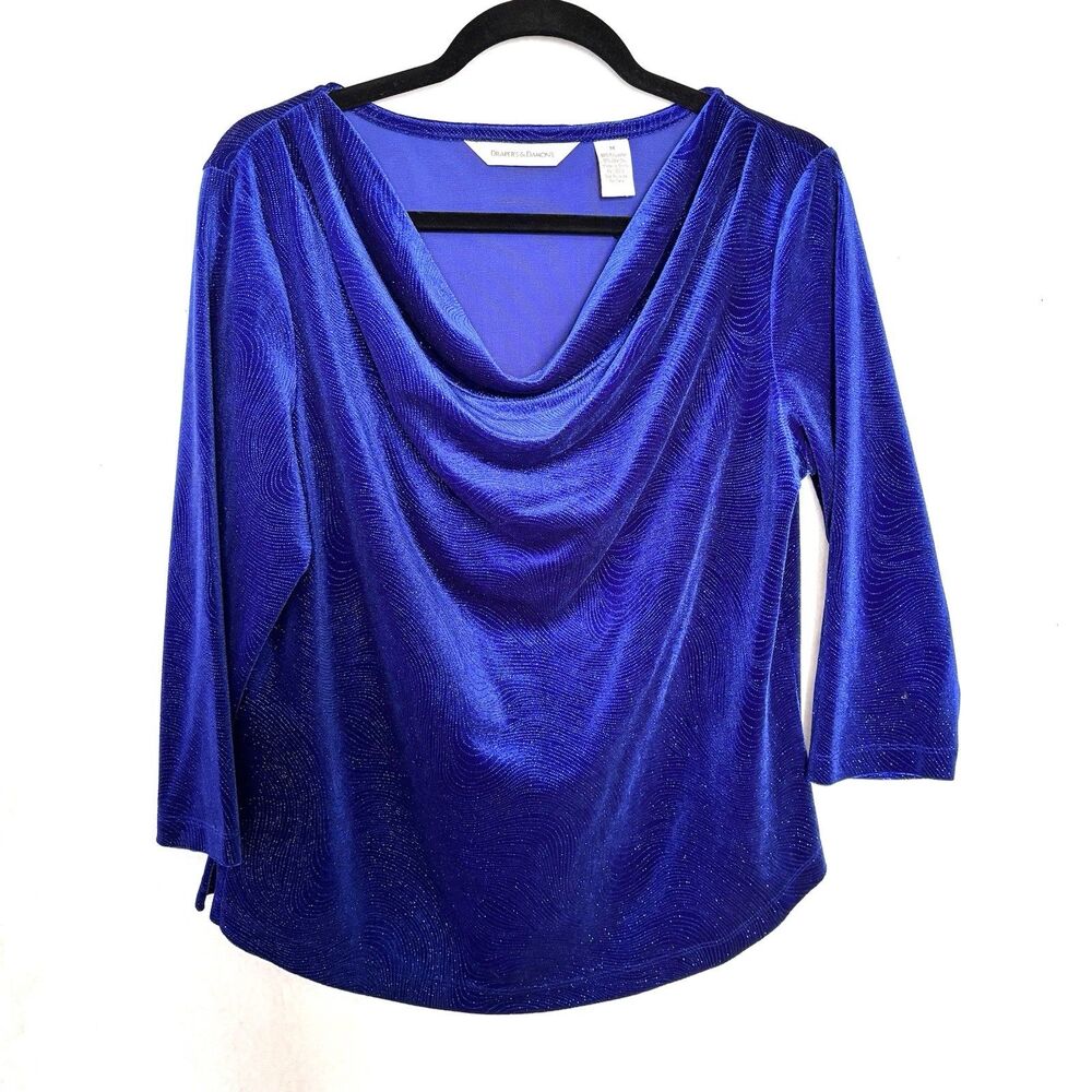 DRAPERS & DAMONS Blue Shimmer Velvet Top 3/4 Sleeves Draping Cowl Neck Women’s M